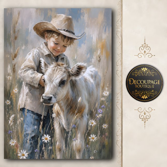 Papel De Seda Niño y ternero decoupage (Boy and Baby Calf Decoupage Tissue Paper)