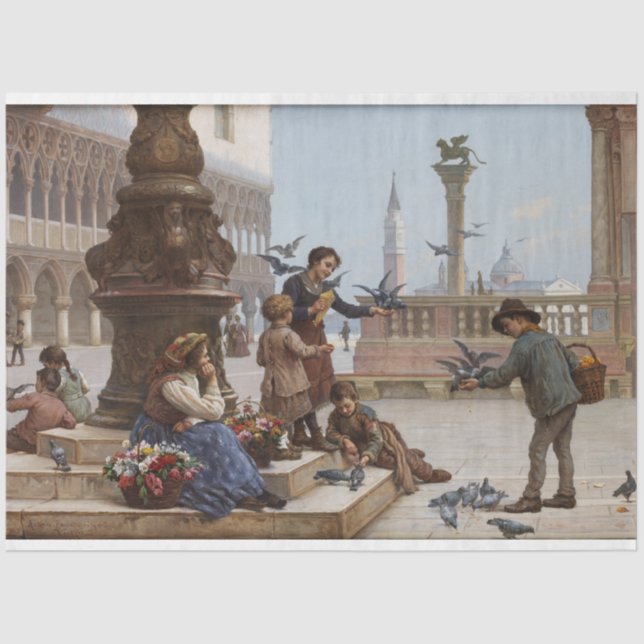 Papel De Seda Niños alimentando palomas en Venecia (por Paoletti (Anverso)