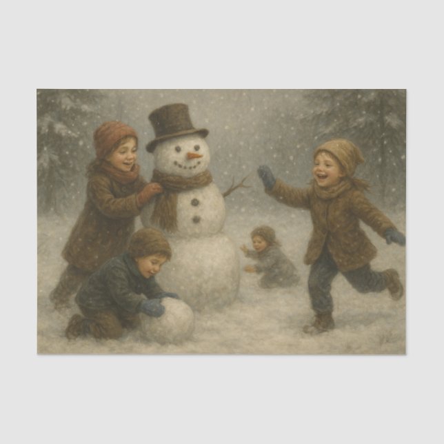 Papel De Seda Niños Construyendo un Muñeco de Nieve (Anverso)