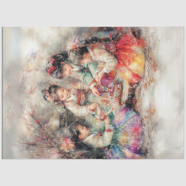 Papel De Seda Niños Coreanos Desnudos Vestidos En Hanbok (Anverso)