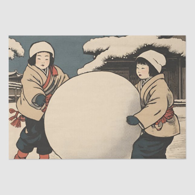 Papel De Seda Niños japoneses rodando grandes bolas de nieve (Anverso)