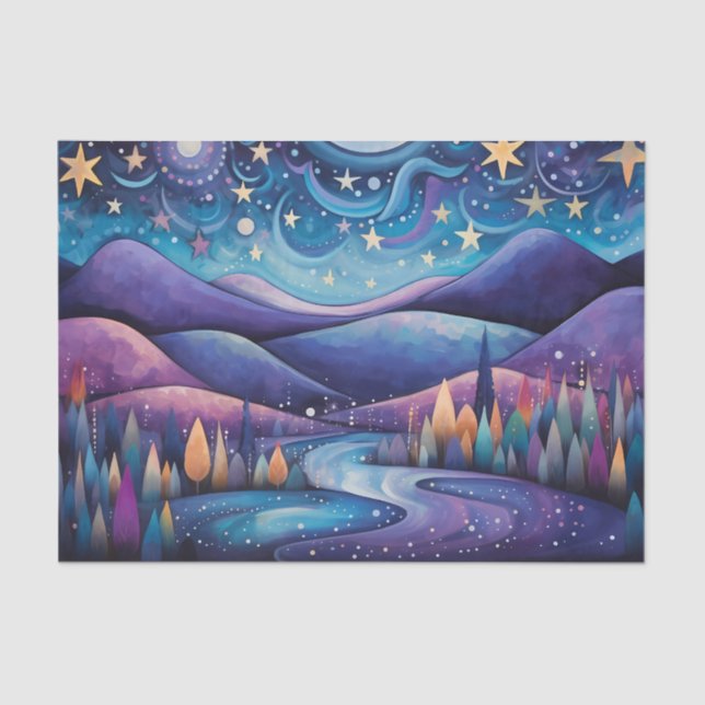 Papel De Seda Noche caprichosa - río, árboles y montañas (Anverso)