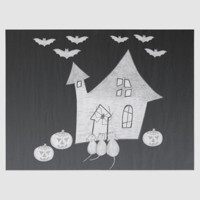 Papel De Seda Noche de Halloween con casa embrujada, murciélagos (Anverso)