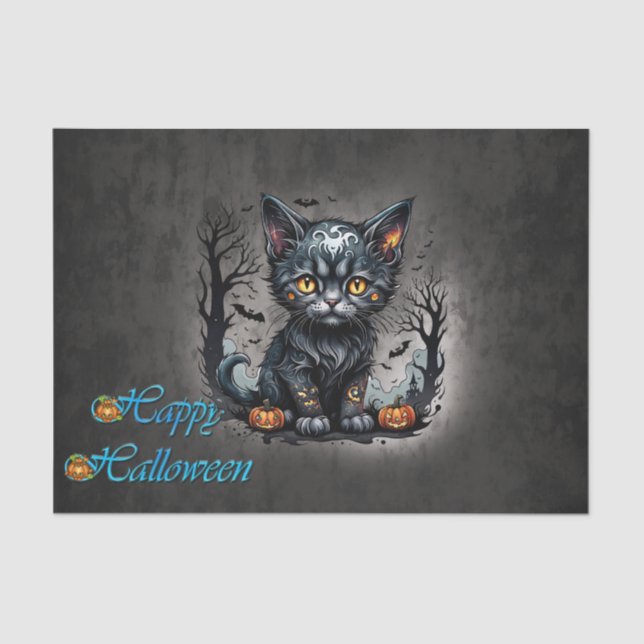 Papel De Seda Noche de Halloween con gatitos y calabazas. (Anverso)