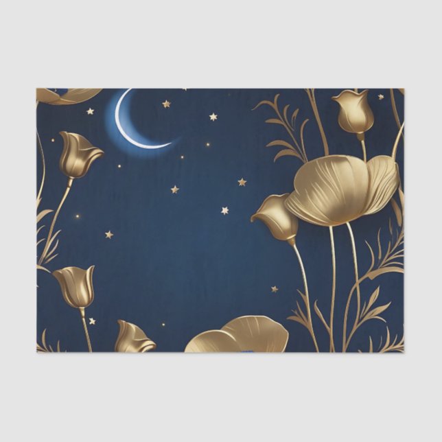 Papel De Seda Noche estrellada con luna de oro (Anverso)