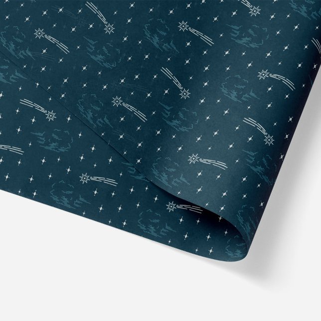 Papel De Seda Noche estrellada en las estrellas de los Navidades (shooting stars and clouds in geometric illustration tissue paper navy blue background)