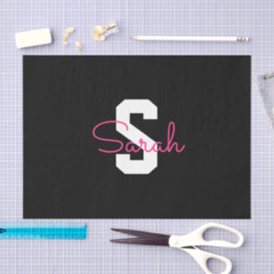Papel De Seda Nombre Bonito & Monograma Negro Blanco & Rosa