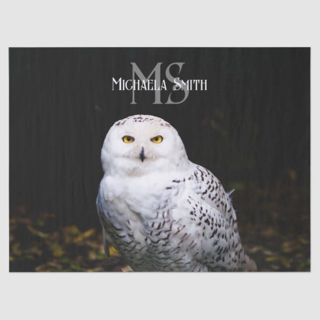 Papel De Seda Nombre personalizado del monograma de búho de niev (Anverso)