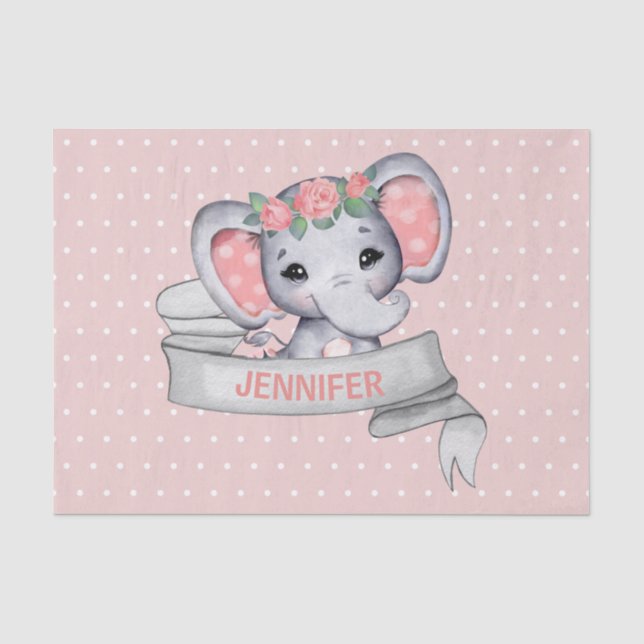 Papel De Seda Nombre personalizado Elefante Niña Rosa y Gris (Anverso)