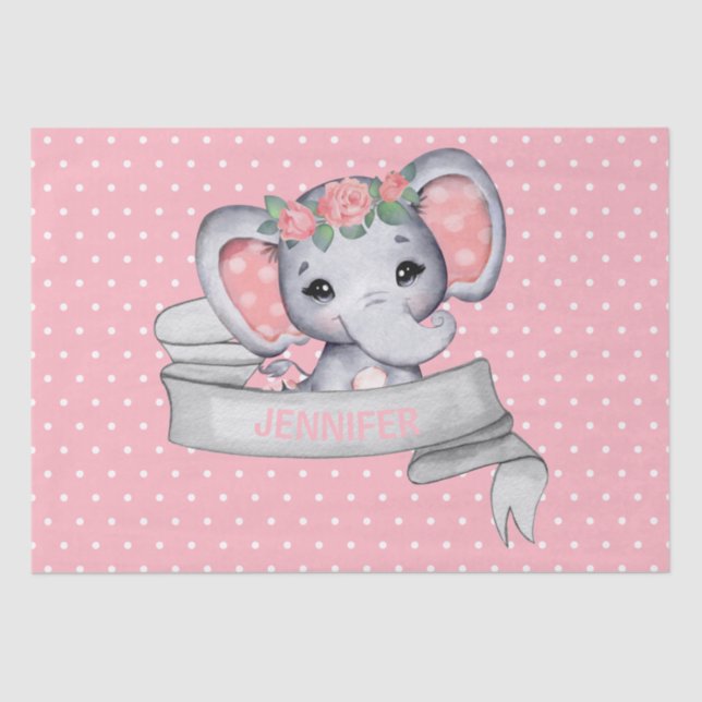 Papel De Seda Nombre personalizado Elefante Niña Rosa y Gris (Anverso)