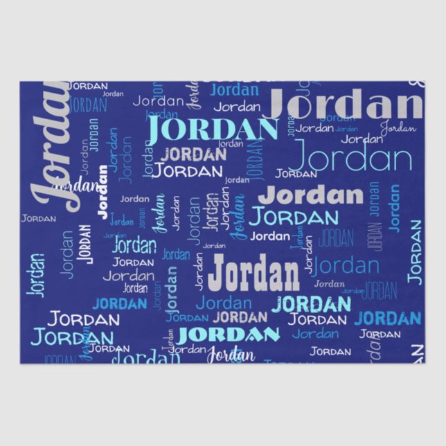 Papel De Seda Nombre repetitivo azul y plata personalizado (Anverso)