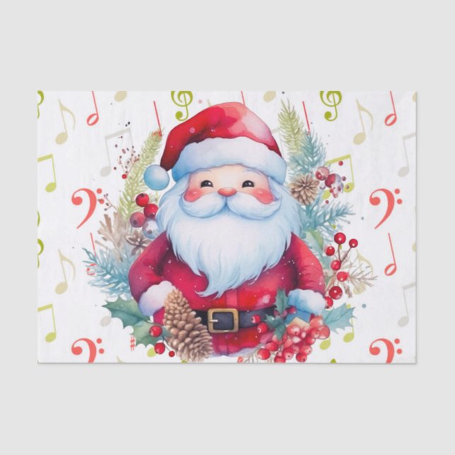 Papel De Seda Notas de la música verde roja y Santa Claus (Anverso)