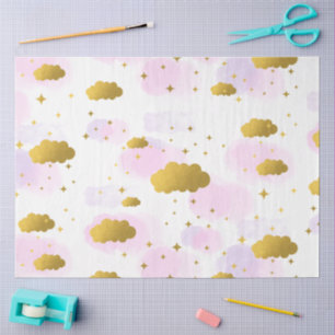 Papel De Seda Nubes de acuarela rosa estrellas doradas cielo