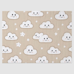 Papel De Seda Nubes y estrellas sonrientes Kawaii sobre beige
