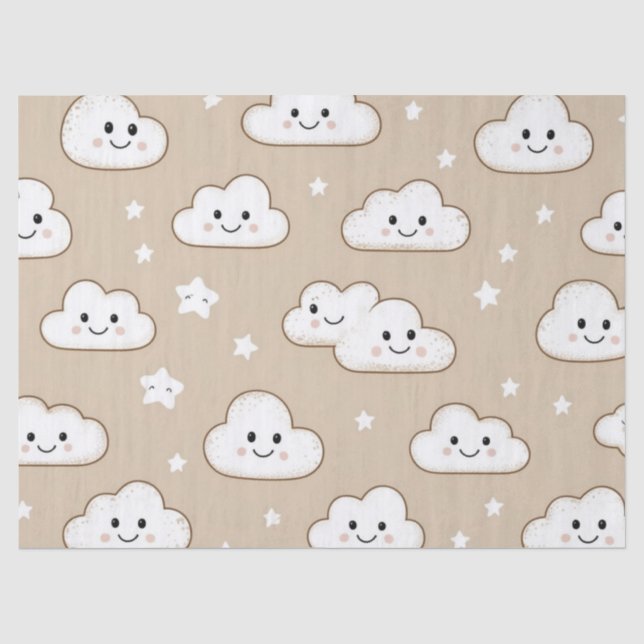 Papel De Seda Nubes y estrellas sonrientes Kawaii sobre beige (Anverso)