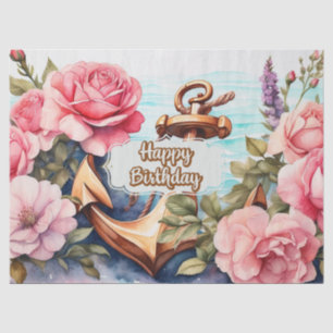 Papel De Seda Océano de cumpleaños, ancla y rosas náuticas felic