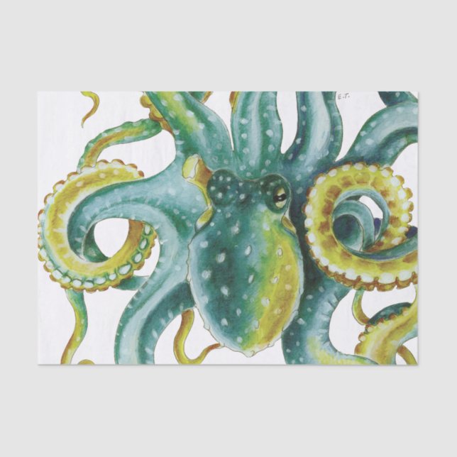 Papel De Seda Octopus Green Tentacles Watercolor Art (Anverso)