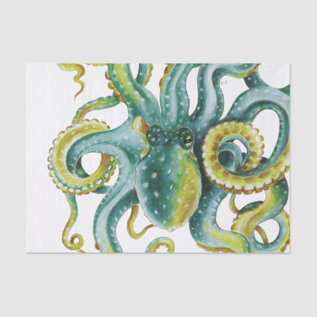 Papel De Seda Octopus Green Watercolor Art (Anverso)