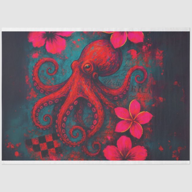 Papel De Seda Octopus vibrante y florals tropicales - Desnuda (Anverso)