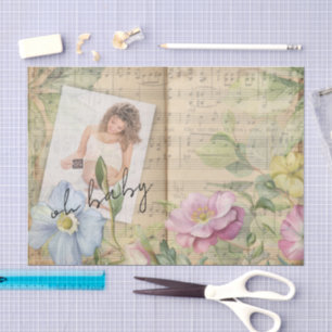 Papel De Seda Oh Baby Floral Piano Música Junk Journal Decoupage