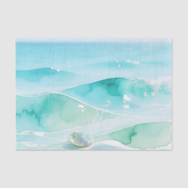 Papel De Seda Ola de mar turquesa con concha marina (Anverso)