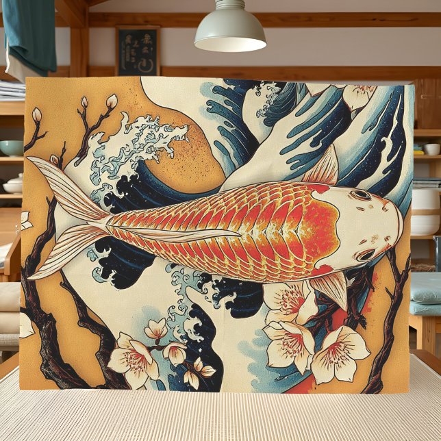 Papel De Seda Ola y flores de cerezo de cosecha japonesa (Orange Japanese Koi fish tissue paper, waves and cherry blossoms in traditional Irezumi tattoo style)