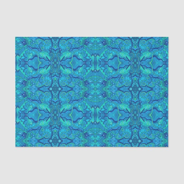 Papel De Seda Olas de pescado subacuáticas Patrón bohemio árabe (Anverso)