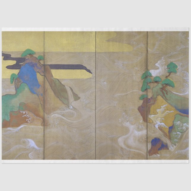 Papel De Seda Olas en Matsushima (izquierda), Tawaraya Sotatsu (Anverso)