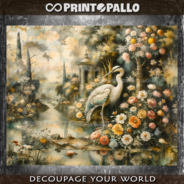 Papel De Seda Oleografía renacentista con garza y naturaleza (Subido por el creador)