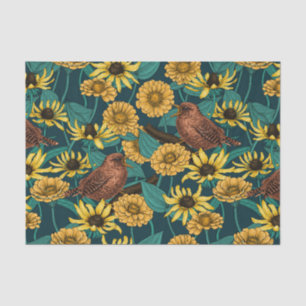 Papel De Seda Ondas y flores en azul oscuro