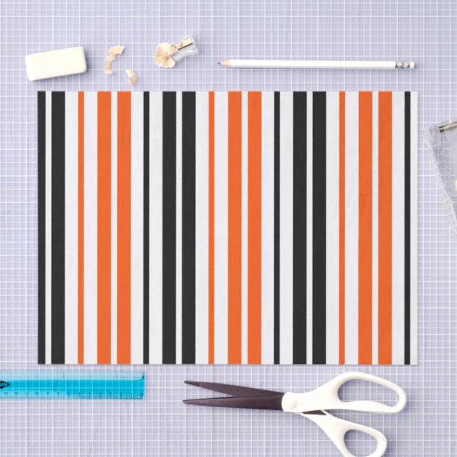 Papel De Seda Orange Black White Stripes Pattern Design  (Artesanía)