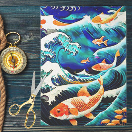 Papel De Seda Orange Koi Fish in a Great Wave Japanese Style  