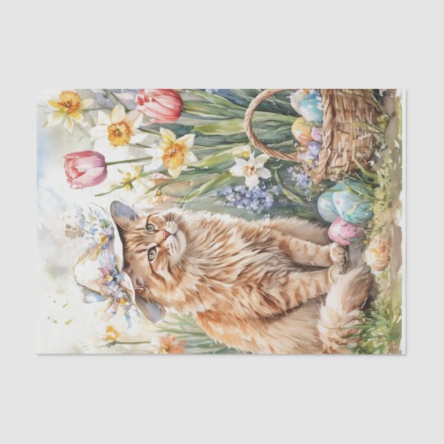 Papel De Seda Orange Tabby Cat in Hat Easter Basket  (Anverso)