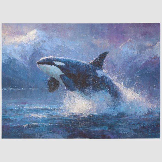 Papel De Seda Orca Rompiendo Cerca de Montañas Nevadas (Anverso)