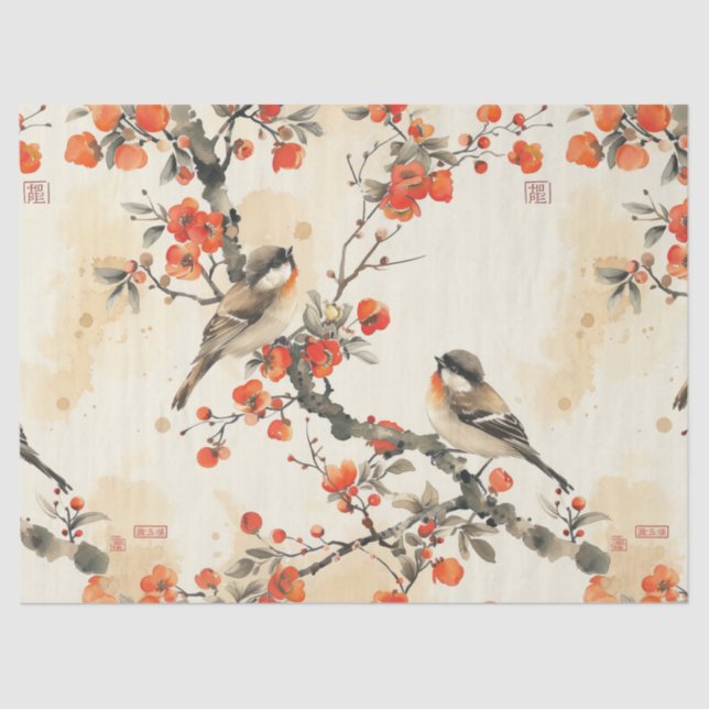 Papel De Seda Oriental Songbirds and Blossom - Traditional Asian (Anverso)