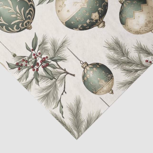 Papel De Seda Ornamentos de Navidad Sage Green y Gold (Detalle)