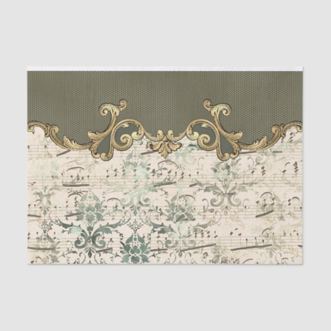 Papel De Seda Ornate Green Music Notes Decoupage (Anverso)