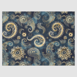 Papel De Seda Oro Azul Engranajes Steampunk Paisley Elegante