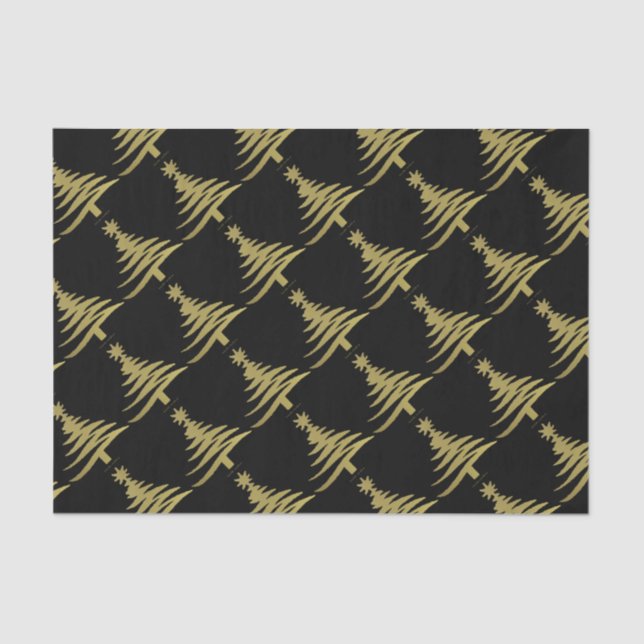 Papel De Seda Oro del patrón del árbol de Navidad en negro (Anverso)