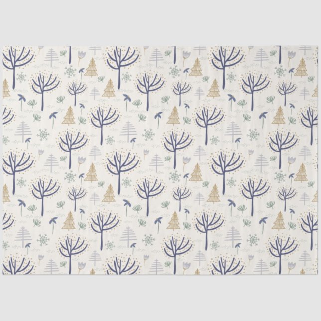 Papel De Seda Oro Plata Árboles de Navidad Luces y Ornamentos (Anverso)