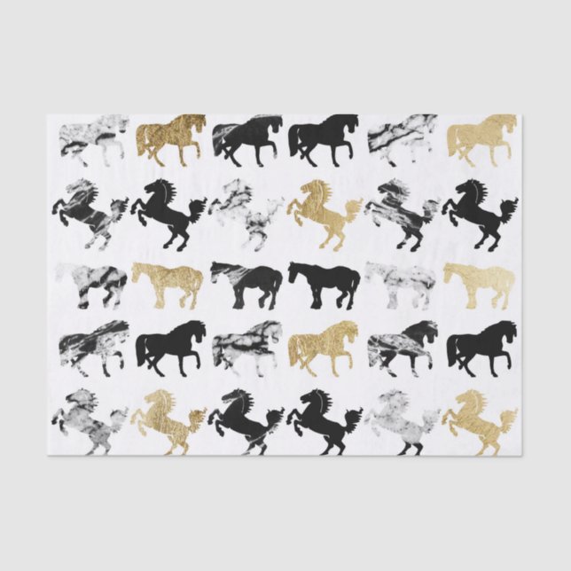 Papel De Seda Oro y caballos modernos de mármol blancos y negros (Anverso)