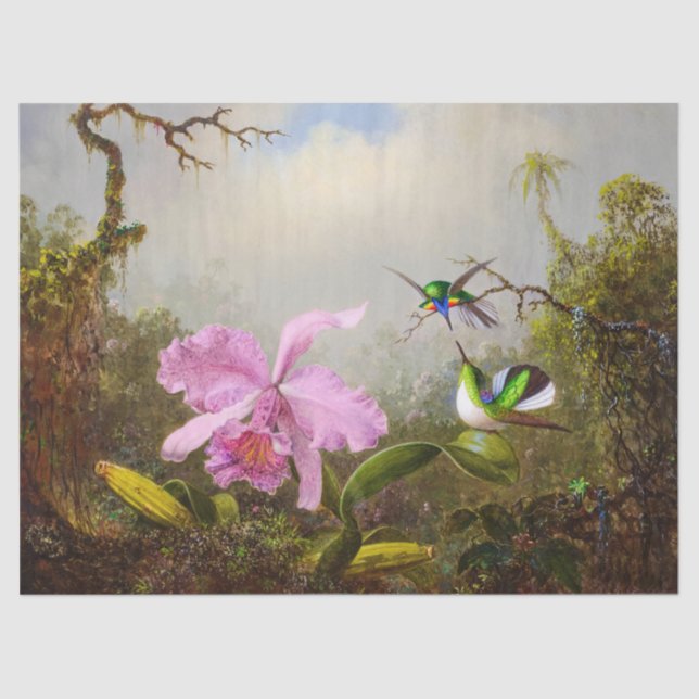 Papel De Seda Orquídea de Cattleya con dos colibríes brasileños (Anverso)