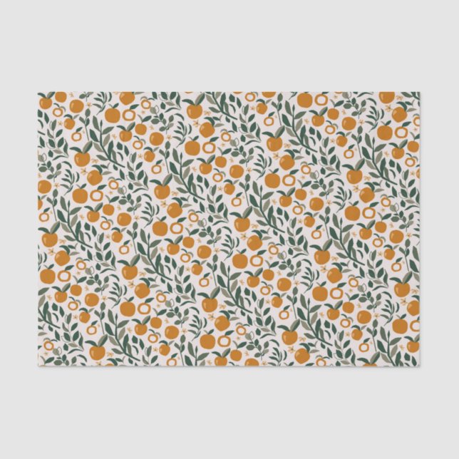 Papel De Seda Orquídea española - patrón de naranjas y hojas (Anverso)