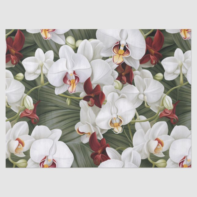 Papel De Seda Orquídeas Blancas y Borgoña Decoupage  (Anverso)