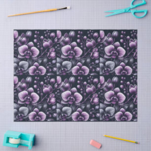 Papel De Seda Orquídeas Orquídeas Floral Black Purple Moody Deco