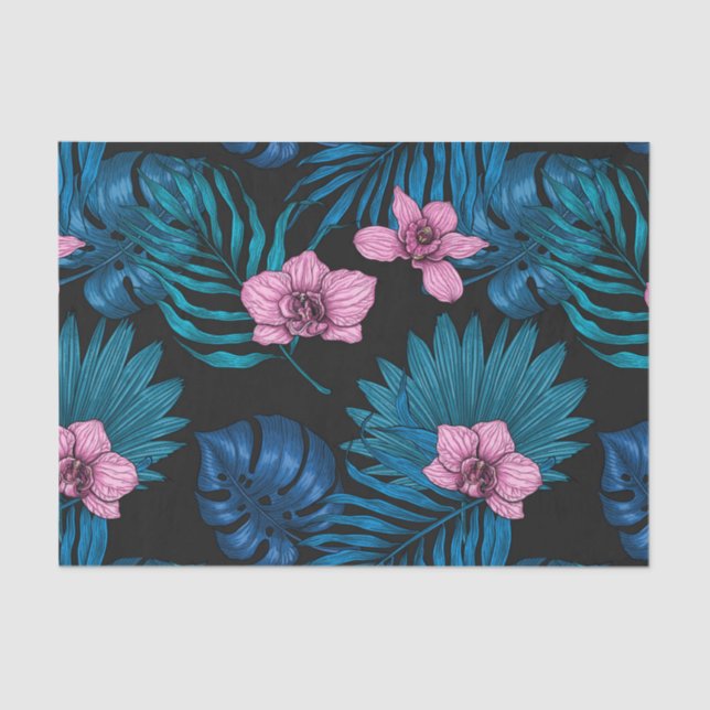 Papel De Seda Orquídeas y hojas de palma, rosa y azul en negro (Anverso)