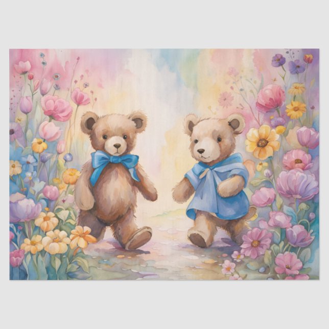 Papel De Seda Ositos de peluche en un jardín pastel (Anverso)