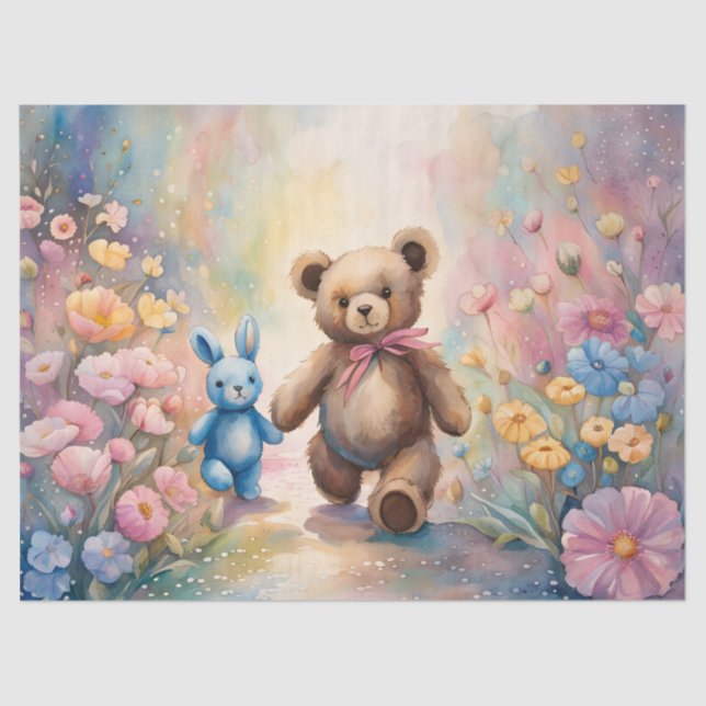 Papel De Seda Oso de peluche y conejo en un jardín pastel (Anverso)