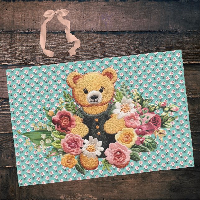 Papel De Seda Oso de Teddy y Rosas florales rosados en Aqua (Subido por el creador)