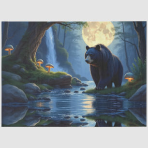 Papel De Seda Oso negro en el arroyo bajo la luz de la luna